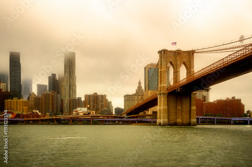 Obraz na płótnie Apocalyptic View of Brooklyn Bridge and skyscrappers in New York City - USA w salonie