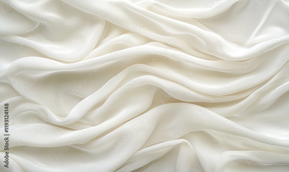 Flowing white fabric drapes, textured background for design, soft folds Flowing white fabric drapes, textured background for design, soft folds