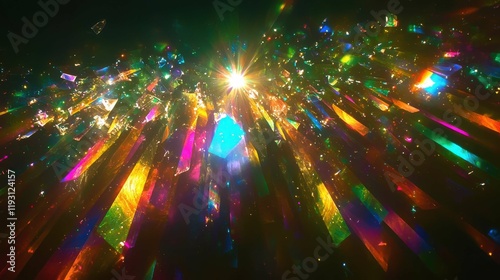 A striking abstract image featuring colorful rays of light creating a shimmering effect, resembling a vibrant celebration of hues and sparkles. photo