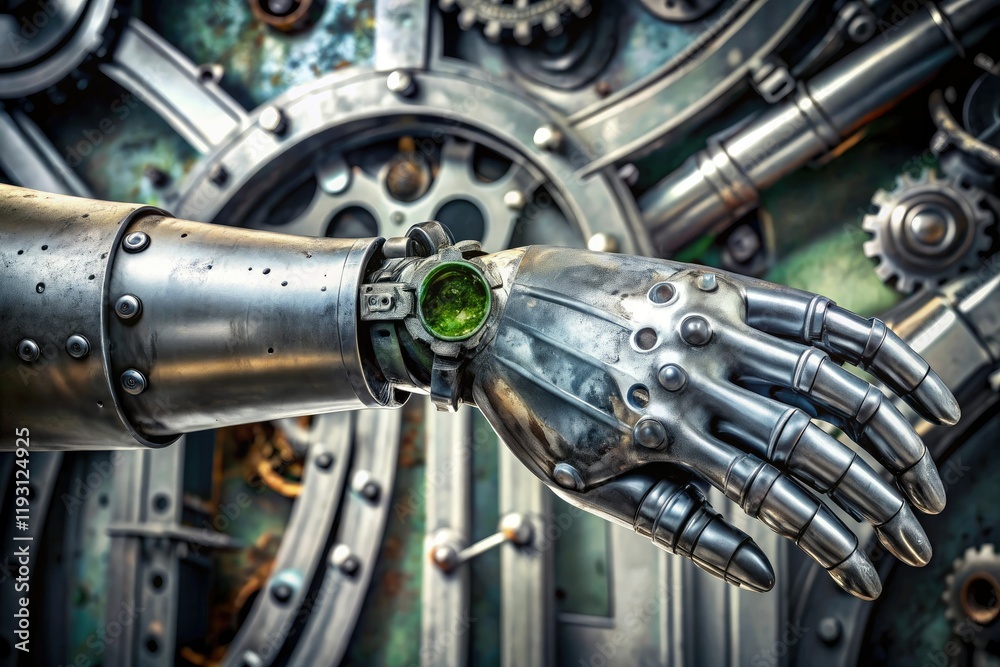 A metallic silver robot's arm covered in slime and grime, with a mechanical background, factory, robot, gears, grimy, silver A metallic silver robot's arm covered in slime and grime, with a mechanical background, factory, robot, gears, grimy, silver