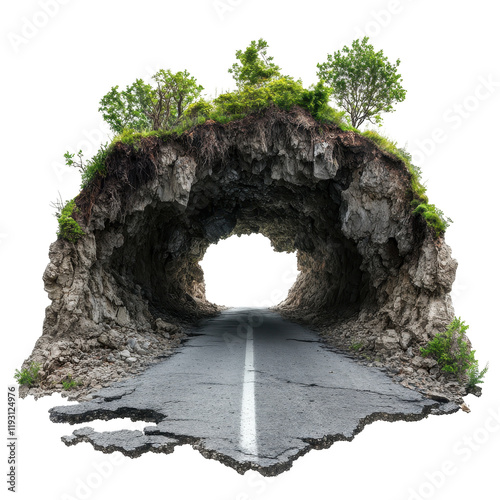 A stunning view of a rocky tunnel with greenery, leading down a cracked road. transparent background