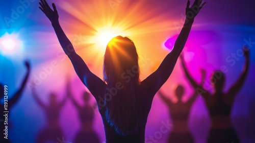 A dynamic fitness and exercise class with upbeat energy Stock Photo with side copy space