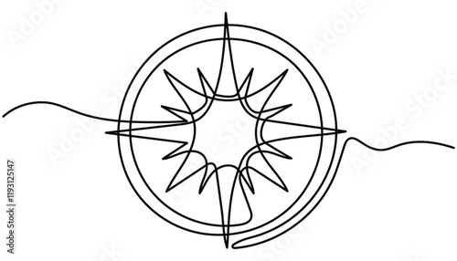 Compass continuous one line drawing illustration. Single line drawing of traveler compass