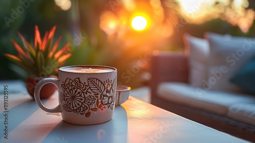A cozy mug with a warm and inviting design is filled with coffee and sits on a white table in a charming garden, surrounded by comfortable seating and a stunning sunset view