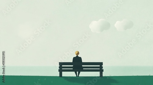 Wallpaper Mural A Thoughtful Woman Sitting Alone on a Bench by the Calm Sea with Gentle Clouds Above Torontodigital.ca