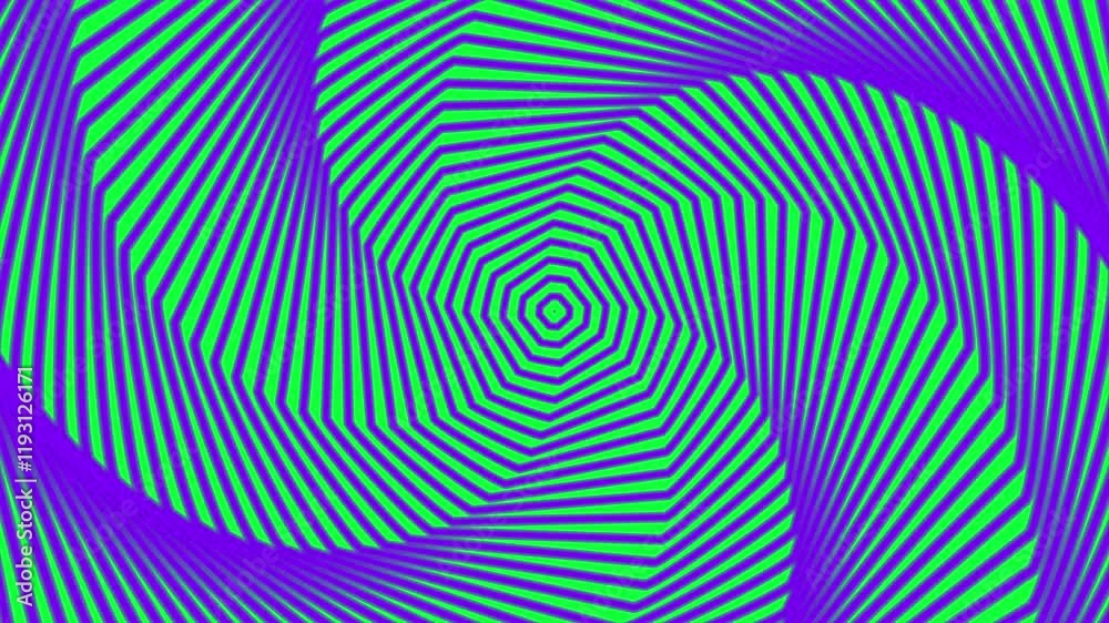 Animasi 3d ilusi optik yang jelas dengan pola poligon 4 sisi berbayang ungu berubah warna pada latar belakang warna hijau. Spiral memberikan ilusi gerakan yang terus menerus dan berulang.