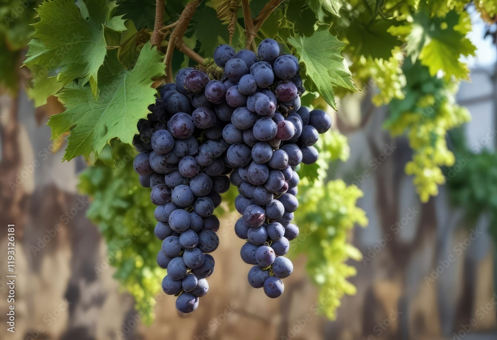 Fototapeta premium A bunch of blue grapes hanging from the tip of a long and slender green vine, vines, organic