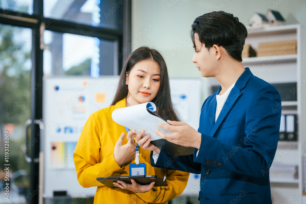 custom made wallpaper toronto digitalYoung businessman and woman are working together at a table, discussing a proposal for cooperation. They review documents focused on business marketing strategies, finance, effective collaboration