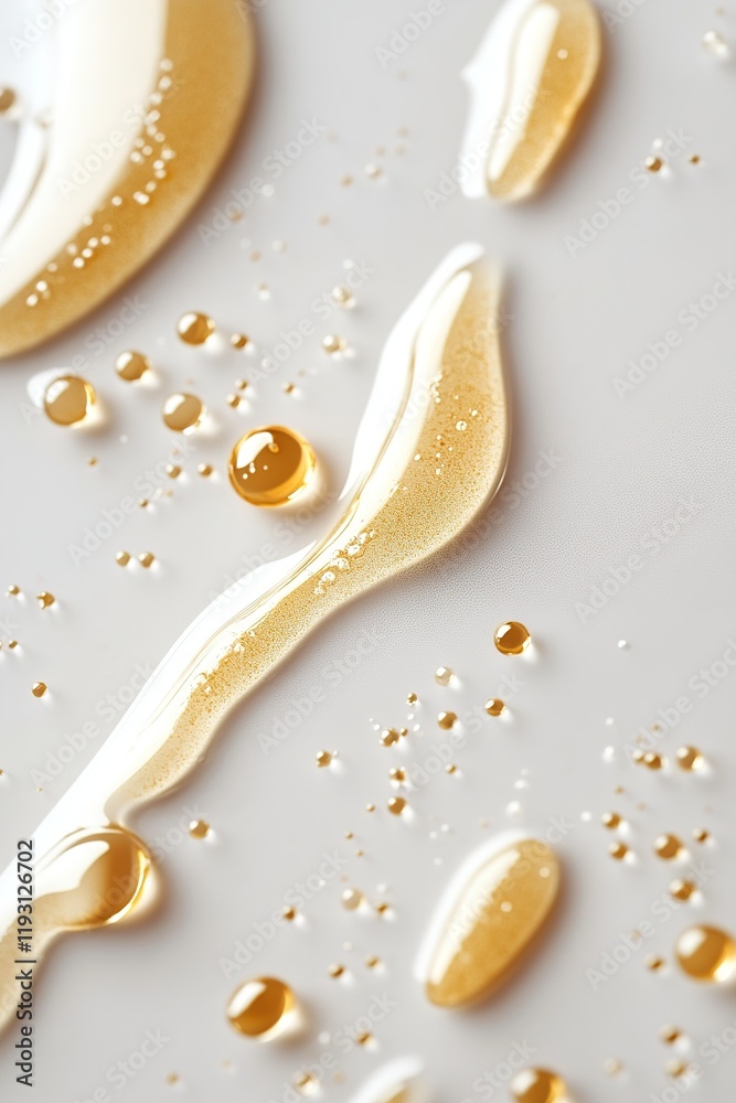 Obraz premium Golden liquid oil droplets create an abstract texture on a glossy white surface with soft light reflections