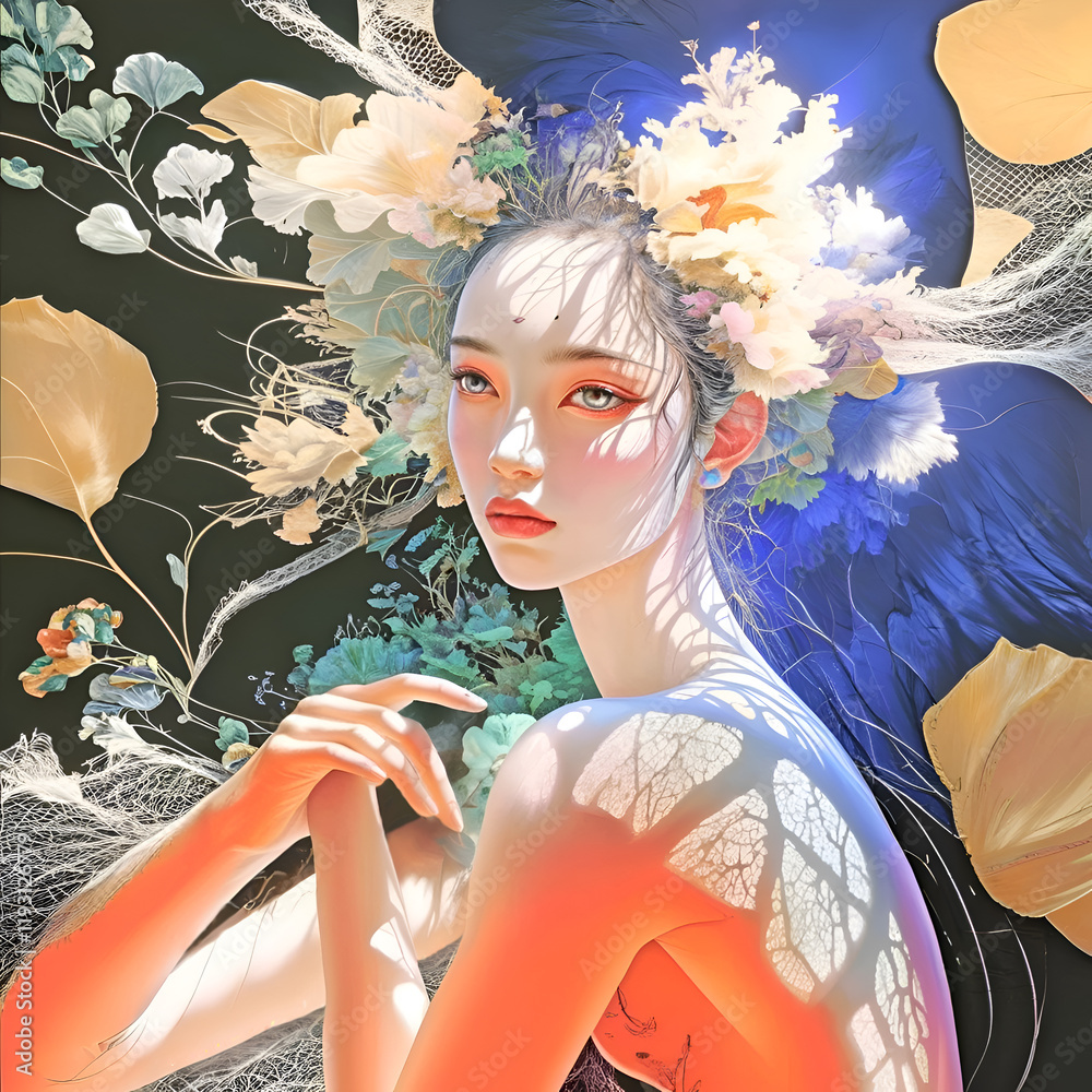 ornamental artwork with beautiful young woman and abstract floral background. Ai generated in painting watercolor style.