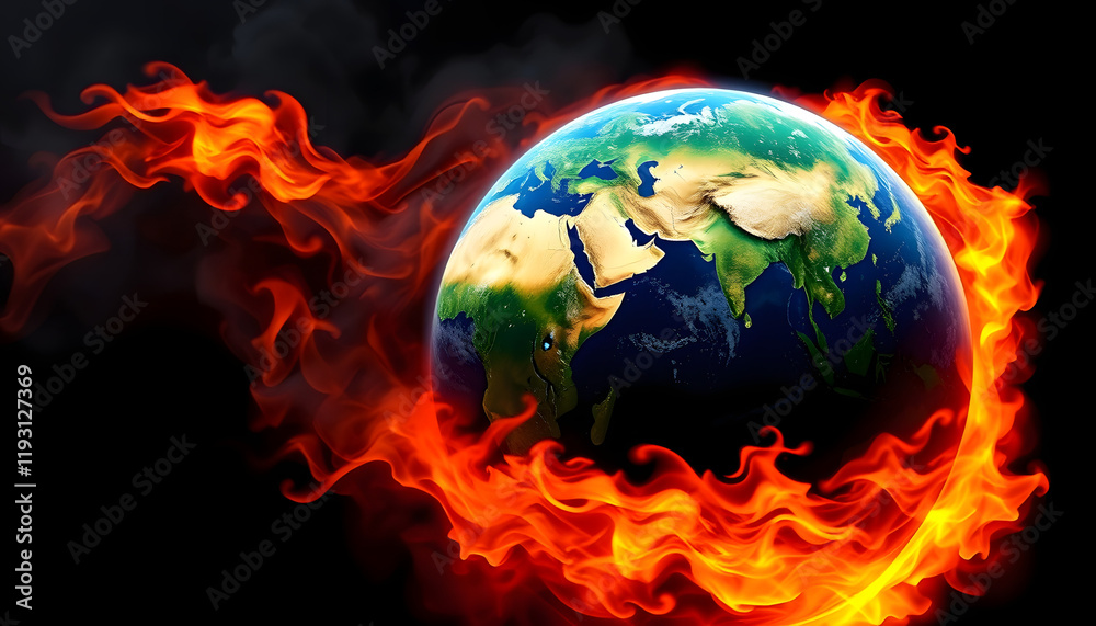 Naklejka premium Planet earth burning in fire on a black background. Global warming concept, vector style, with white tones