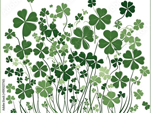 St. Patrick's Day background. Heart made from many drawn clovers on a white background