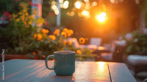 A cozy mug with a warm and inviting design is filled with coffee and sits on a white table in a charming garden, surrounded by comfortable seating and a stunning sunset view