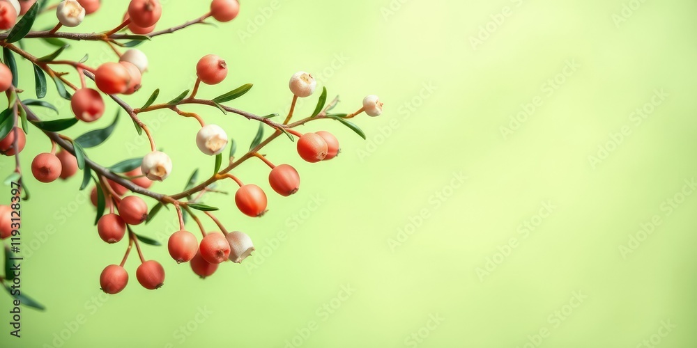 A close-up of mistletoe berries in soft watercolor hues against a green background, , evergreen foliage A close-up of mistletoe berries in soft watercolor hues against a green background, , evergreen foliage