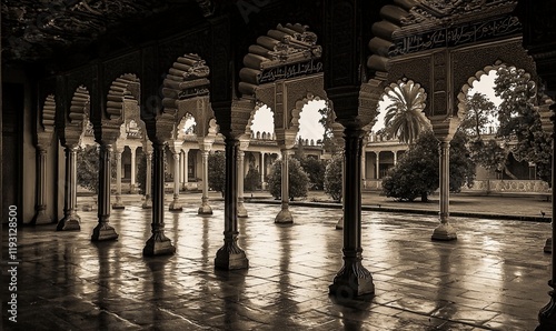 Ornate arches, columns, courtyard garden view, monochrome architecture