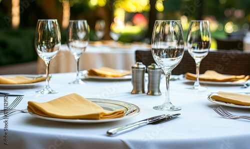 Outdoor restaurant table setting with yellow napkins, silverware, glassware, blurred garden background