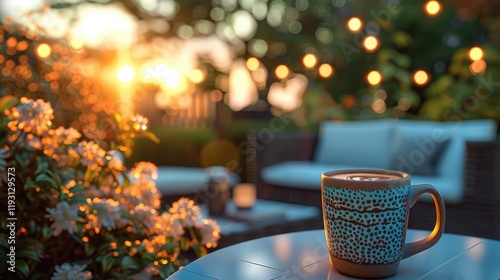 A cozy mug with a warm and inviting design is filled with coffee and sits on a white table in a charming garden, surrounded by comfortable seating and a stunning sunset view