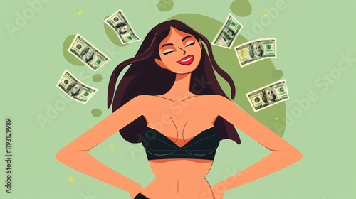 Businesswoman with Cash Stashed in Bra - Financial Independence Concept Illustration photo