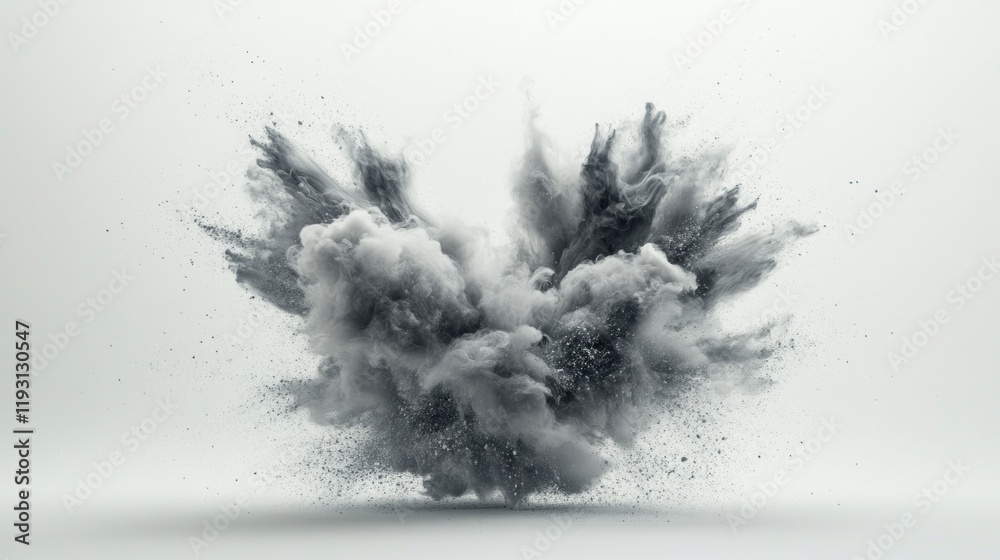 Grey powder exploding creating a spectacular mushroom cloud effect on white background Grey powder exploding creating a spectacular mushroom cloud effect on white background