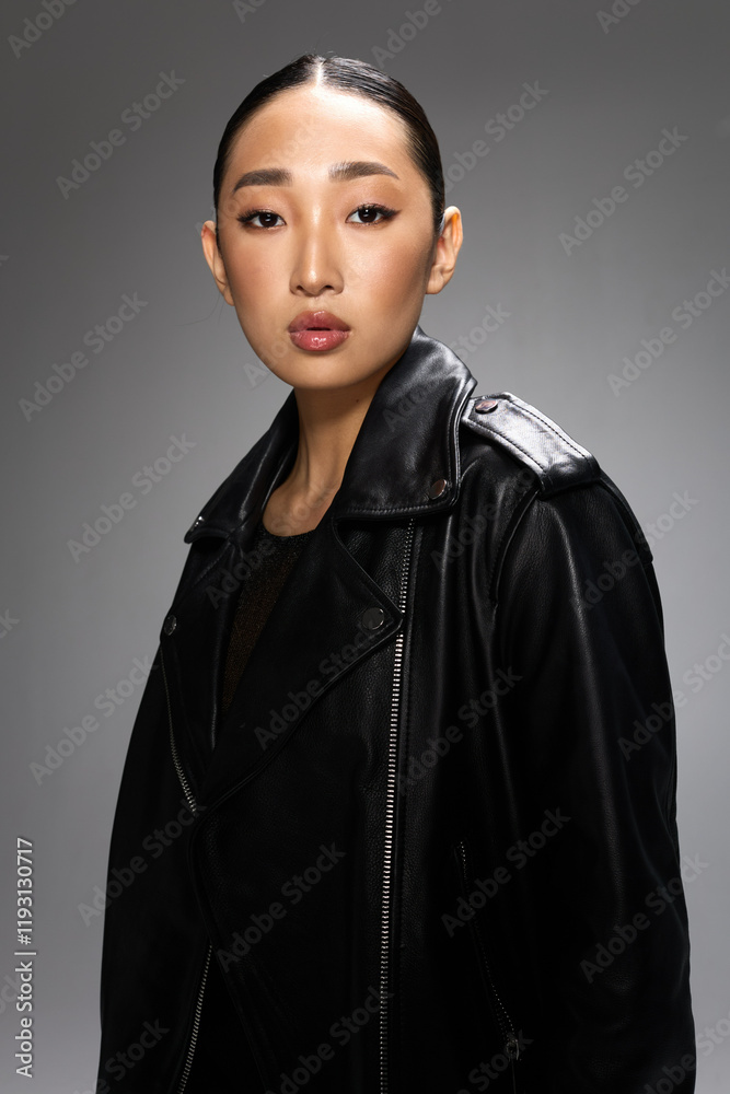 Fototapeta premium Fashion asian woman in black leather jacket posing for studio portrait on gray background