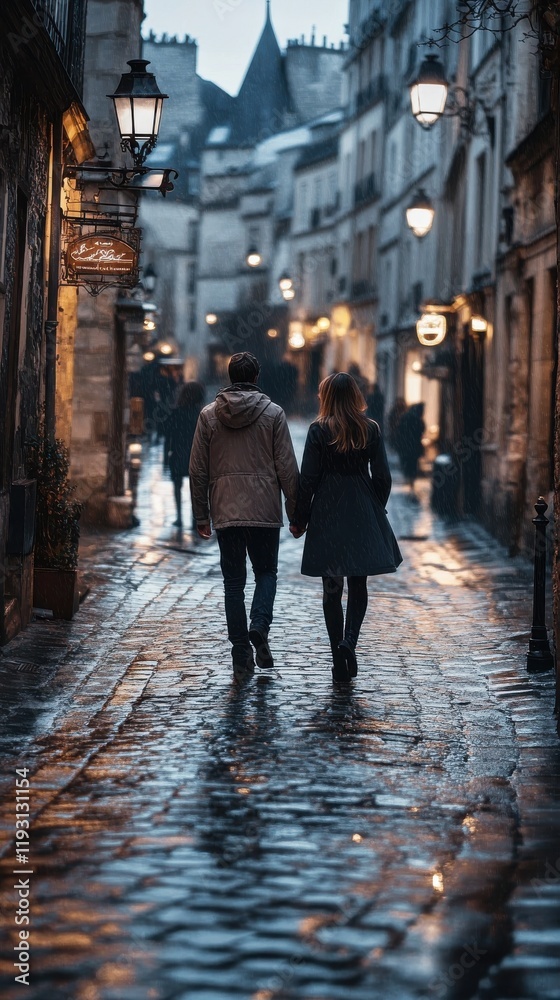 Couple strolls hand-in-hand along a cobblestone street amidst historic architecture during a rainy evening Couple strolls hand-in-hand along a cobblestone street amidst historic architecture during a rainy evening