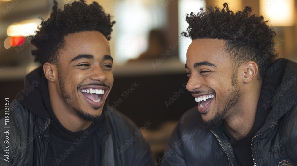 A candid shot of identical attractive twins sitting at a café, sharing a fun conversation and a laugh. A candid shot of identical attractive twins sitting at a café, sharing a fun conversation and a laugh.
