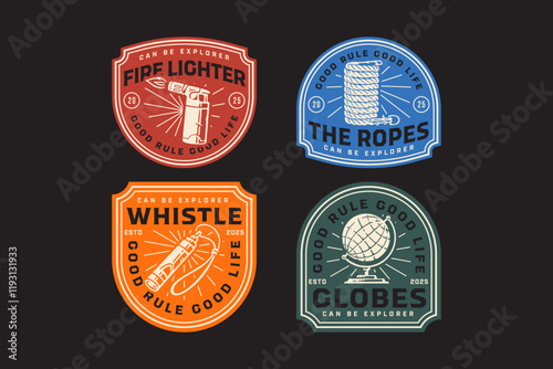 gas torch lighter, skein of cord ropes, emergency whistle with hanger, earth globe model retro badge logo vector design collection set for adventure, explorer, mountaineer, hiker and climber photo