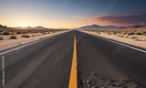 A solitary asphalt strip stretches out into the horizon, vanishing point, endless highway, isolated path
