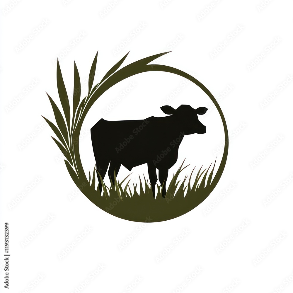 Obraz premium Cow pasture silhouette, farm animal, rural scene, agriculture, food industry logo