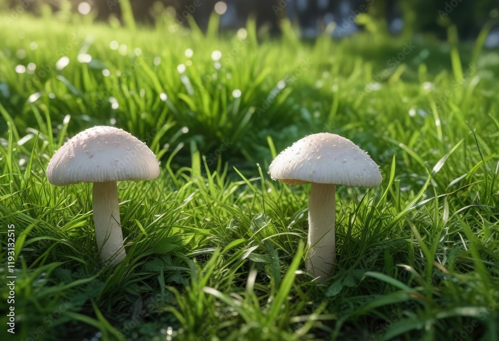 A solitary white mushroom grows through the blades of grass on a lush green lawn with sunlight filtering down, grass, natural world, white mushroom A solitary white mushroom grows through the blades of grass on a lush green lawn with sunlight filtering down, grass, natural world, white mushroom