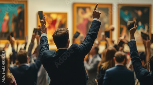 An intense bidding war in progress during an art auction, with paddles in the air and a professional auctioneer in front.