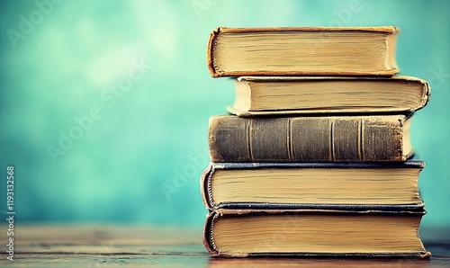 Stack of old books on wooden table with blurred teal background, ideal for education or literature themes