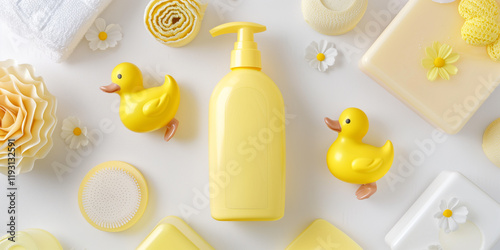 Cheerful flat lay of yellow bathing mochup products and rubber ducks, perfect for a playful and refreshing bathroom vibe photo