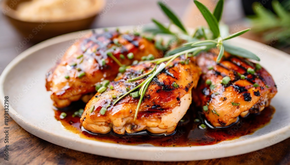 Succulent chicken thighs with grill marks, glazed with a smoky barbecue sauce Succulent chicken thighs with grill marks, glazed with a smoky barbecue sauce