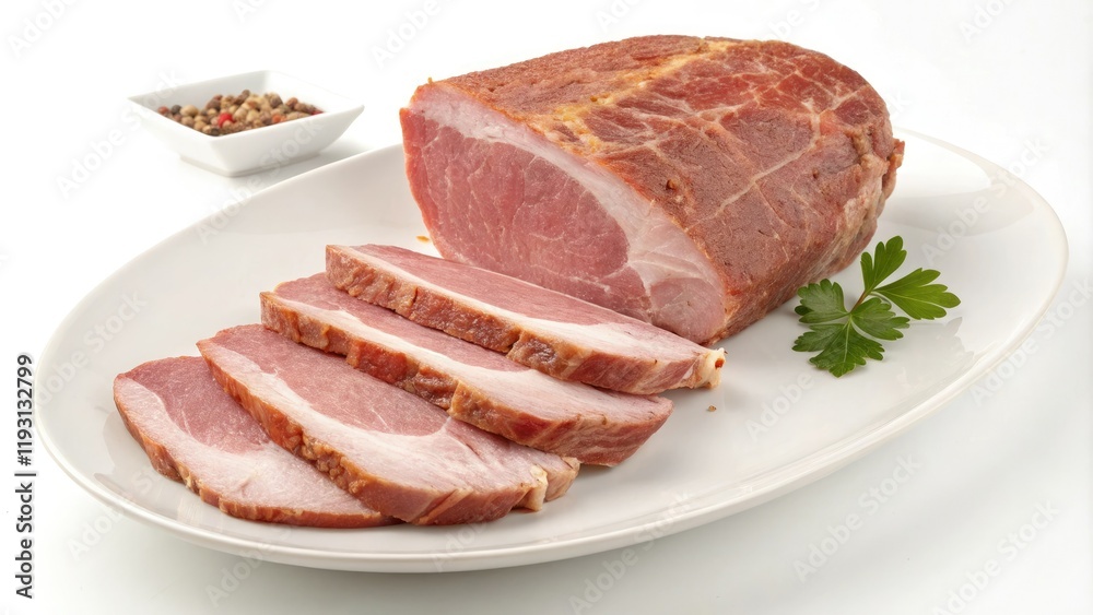 A large raw ham steak sliced into thin pieces on a white plate, meat, presentation A large raw ham steak sliced into thin pieces on a white plate, meat, presentation