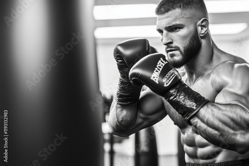 A black and white photograph of an athletically built man with short hair and beard, wearing boxing gloves, training in a gym, working on a punching bag photo