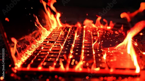 Wallpaper Mural Burning Laptop Keyboard in Fiery Inferno; Intense Flames Consume Keyboard in Dramatic Digital Disaster - 4K Abstract Background Animation Torontodigital.ca