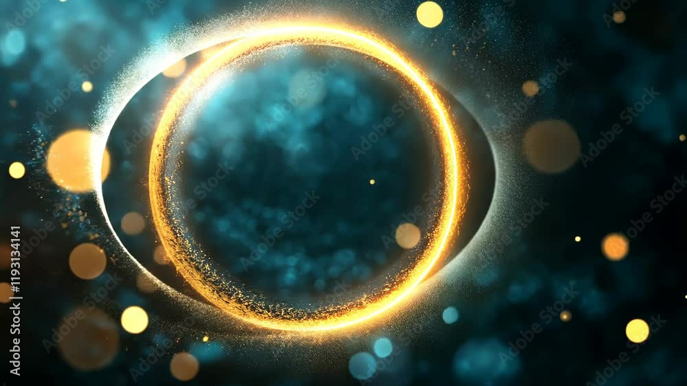 Blue circle frame decorated with shining golden lights isolated blue background. Copy and paste area. 4k edition