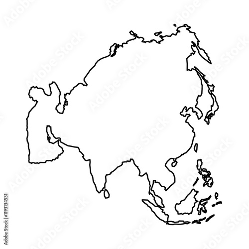 A clear silhouette of the Asian continent map is displayed. The outline captures the geographical features and shapes of surrounding regions, highlighting the diverse landscapes.