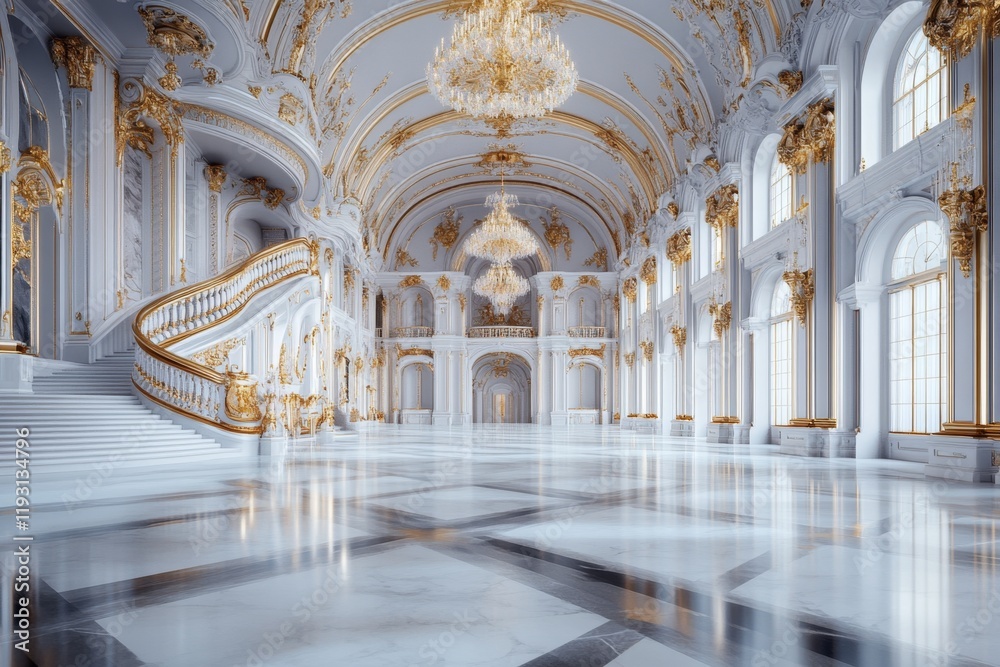 A 3D-rendered view of Theatre Vltava grand foyer, with marble floors, a glittering chandelier, and intricately carved staircases leading to upper balconies A 3D-rendered view of Theatre Vltava grand foyer, with marble floors, a glittering chandelier, and intricately carved staircases leading to upper balconies