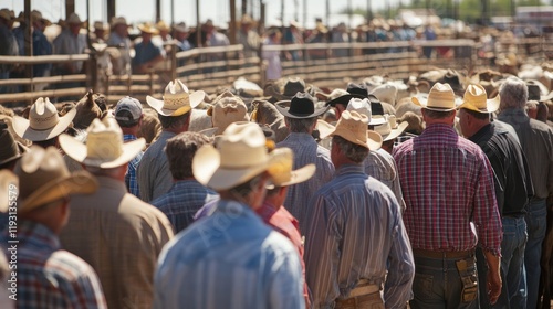 A busy livestock auction with a crowd of farmers and ranchers bidding on livestock, with auctioneers calling out prices.
