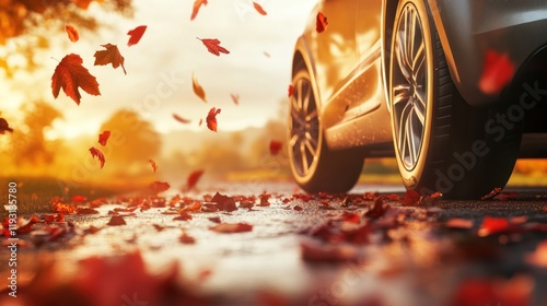 Autumn Drive: Golden Hour Leaves Fall on Asphalt Road