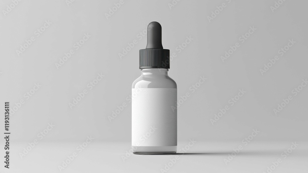 A minimalist dropper bottle with a grey cap and an empty white label, perfect for cosmetic or skincare branding. Simplistic and elegant design. A minimalist dropper bottle with a grey cap and an empty white label, perfect for cosmetic or skincare branding. Simplistic and elegant design.