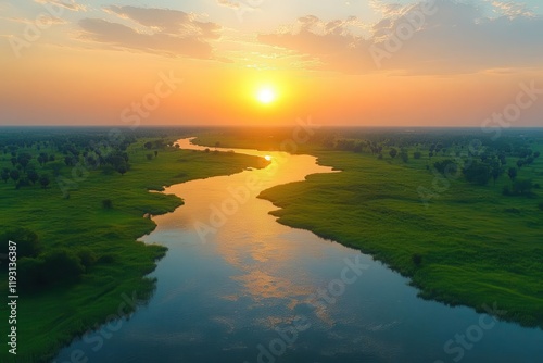 a breathtaking aerial view capturing the savannah during the early morning hours, infused with fantastical elements, creating a serene yet vibrant backdrop perfect for digital devices