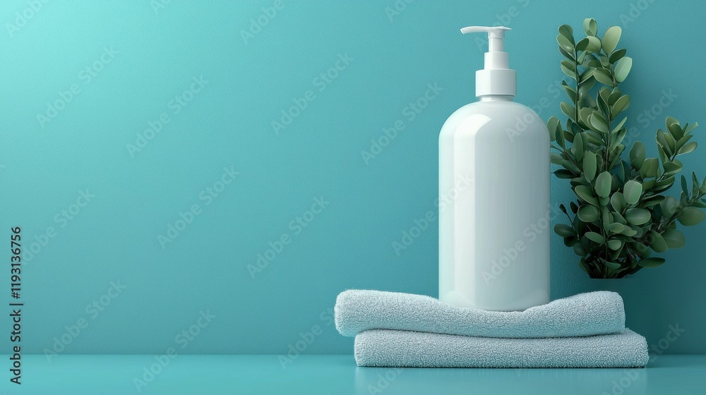 A minimalist skincare product sits on folded towels against a turquoise background, creating a calm and elegant atmosphere perfect for beauty use.