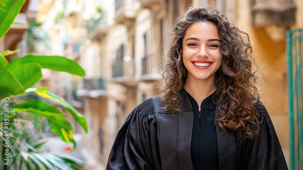 Celebrate Easter with a Portrait of a Lebanese Woman in Graduation Robes, Proudly Smiling Against the Backdrop of Historic Lebanese Architecture, Symbolizing Achievement and Heritage