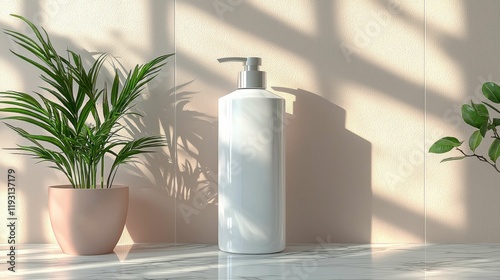 A minimalist skincare bottle stands elegantly beside a potted plant, showcasing a harmonious blend of beauty and nature in soft lighting.