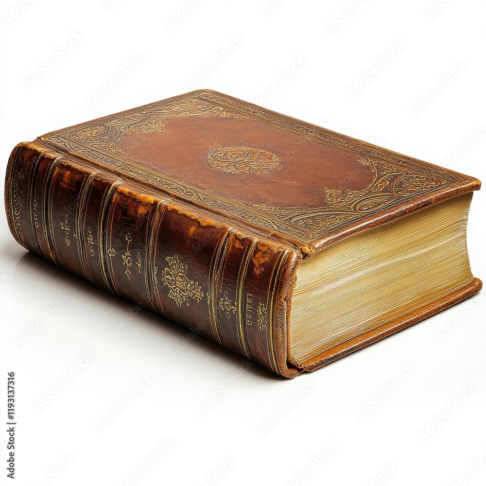 Obraz premium Vintage leather-bound book with gold embossing resting on a white background showcasing timeless craftsmanship and elegance