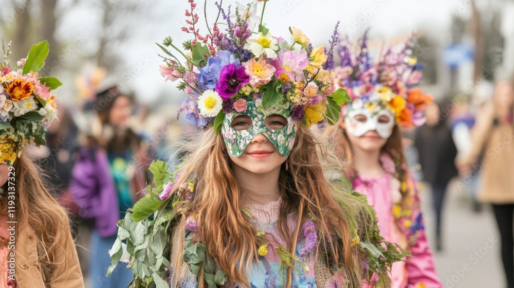 Obraz premium Whimsical carnival parade celebrates spring with floral masks and colorful outfits in a vibrant outdoor event
