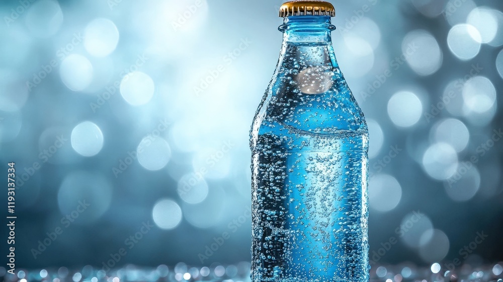 Sparkling Mineral Water Bottle with Bubbles Against a Soft Blue Background, Refreshing Drink for Hydration and Enjoyment in a Natural Setting Sparkling Mineral Water Bottle with Bubbles Against a Soft Blue Background, Refreshing Drink for Hydration and Enjoyment in a Natural Setting